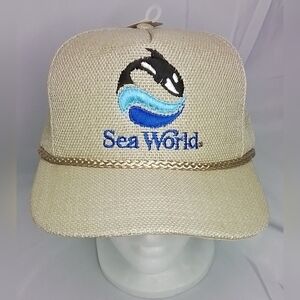 Nwt Sea World SHAMU Burlap Adjustable Snap Back Baseball Cap Hat Vintage 1980's